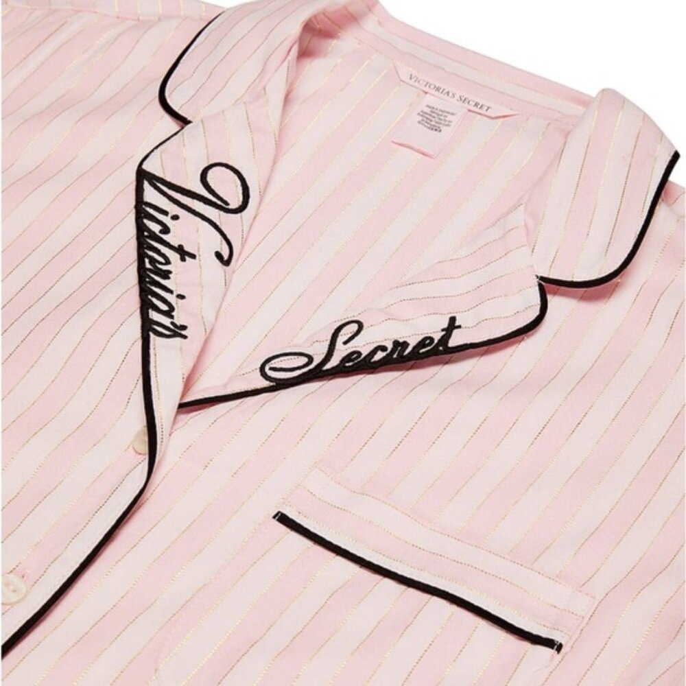 Victoria's Secret Embroidered Flannel Long Pajama Set in Pink Iconic Stripes, M - Picture 2 of 3